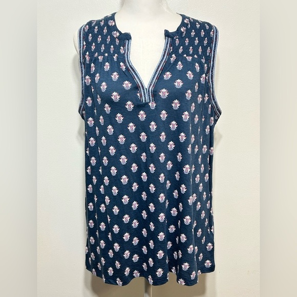 New! Lucky Brand Smocked Boho Floral Sleeveless Tee Shirt - Picture 1 of 11